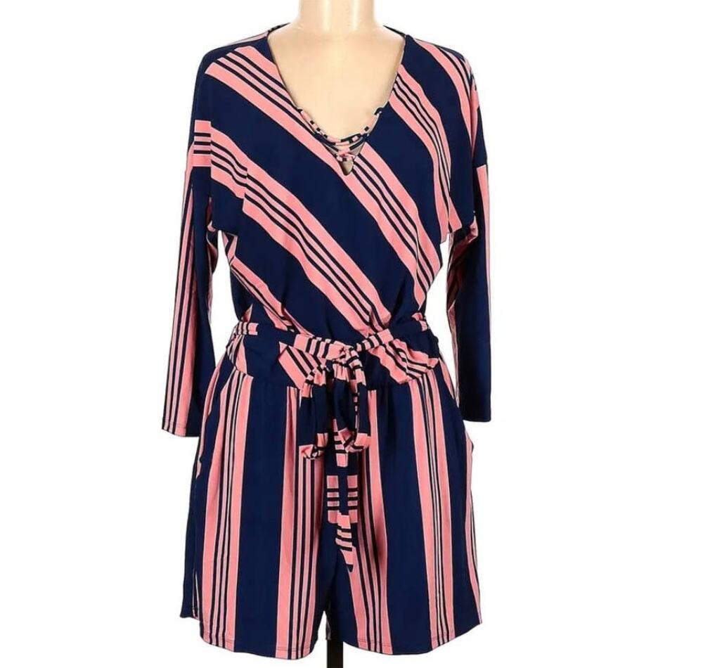 Market & Spruce Multicolored Striped Romper Size Small Petite Blue Pink